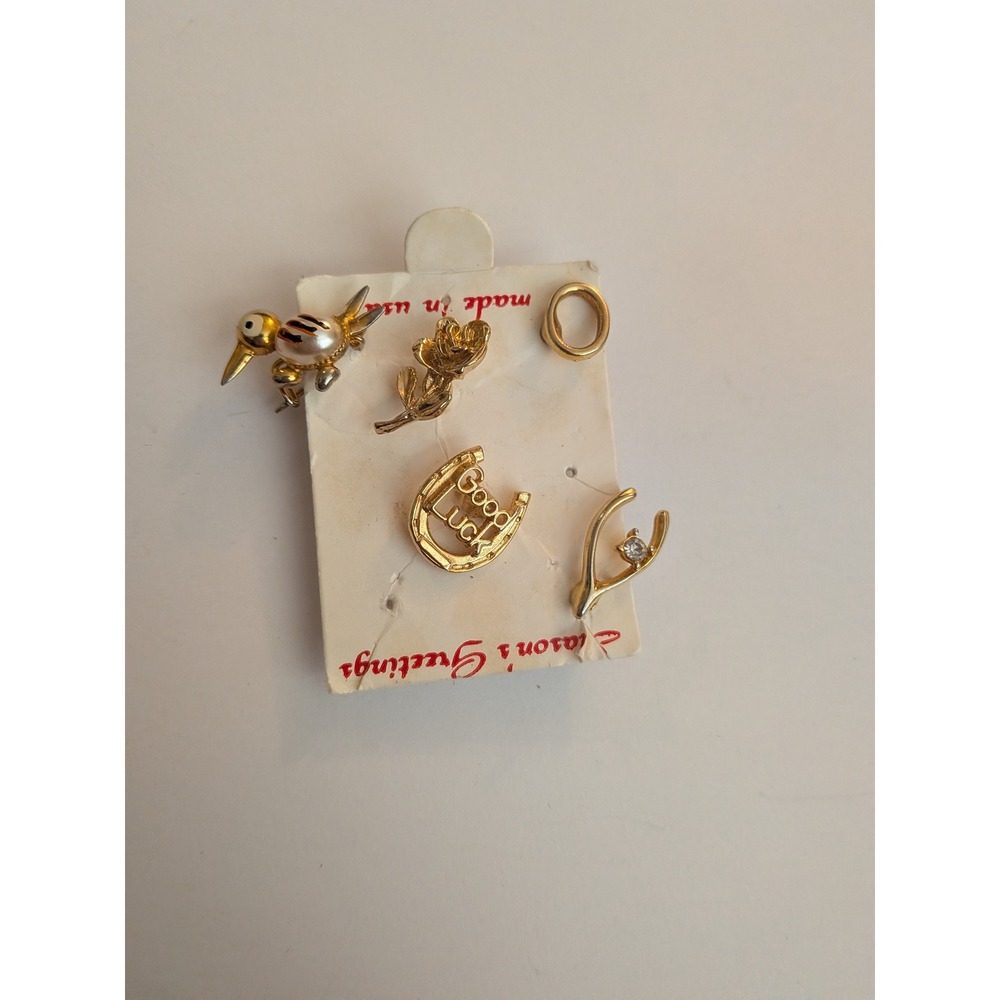 Vintage Gold Tone Lapel Pin Set Horseshoe Wishbone Bird Rose Faux Pearl 5pc